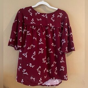 Dark Red Floral Mixed Media Blouse